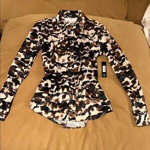 Dictionary Tie Dye Satin Blouse NWT Animal Print Look Button Shirt Women’s S